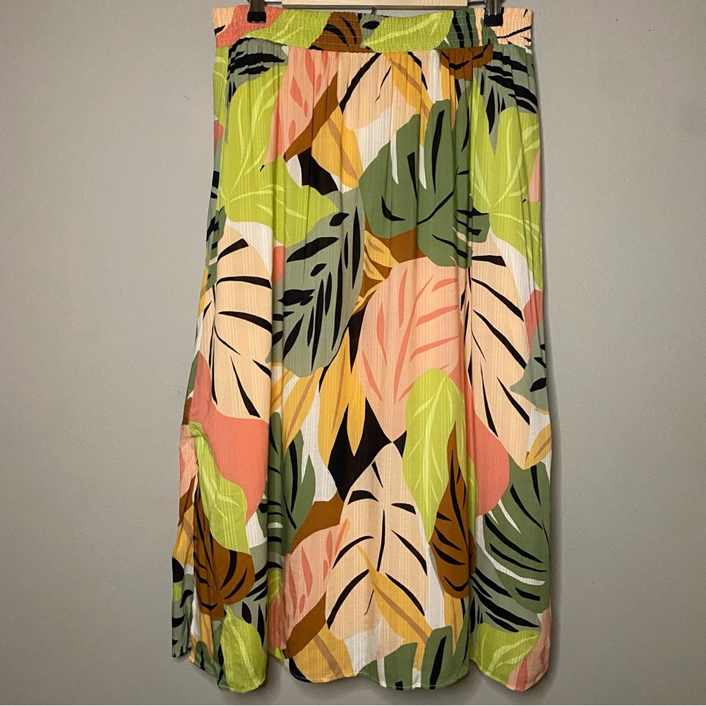 Loft Leaf Print Tropical Midi Skirt Medium Green Cream Side Slits Pull On New